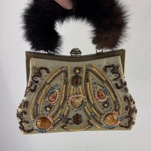 MITCHIES Embellished Cream Handbag with Fur Handle